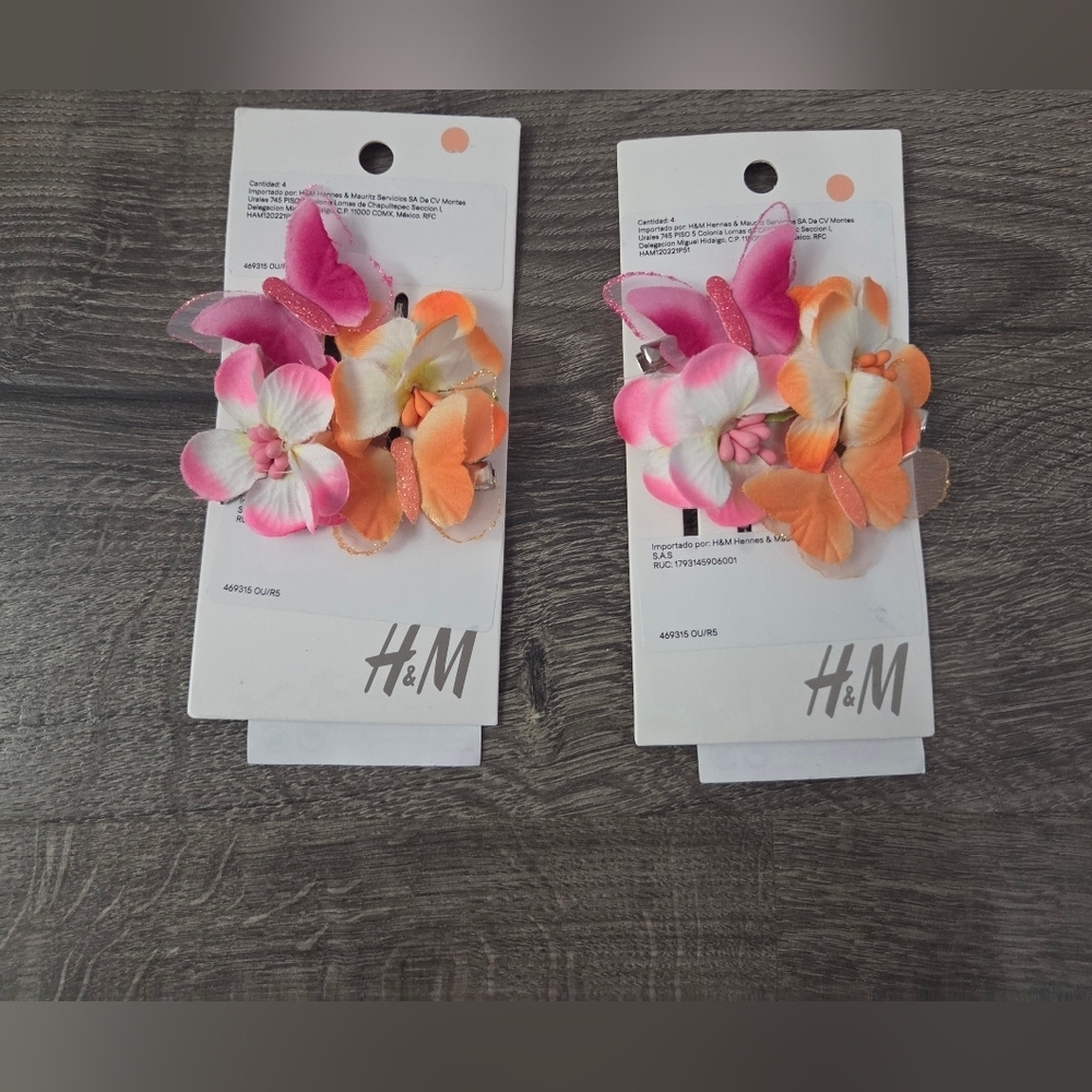 H&M Floral Butterfly Hair Clips - Pink & Orange NEW
